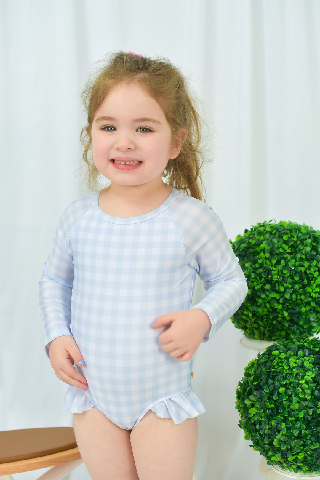 Girls Blue Gingham Long Sleeve Swimsuit