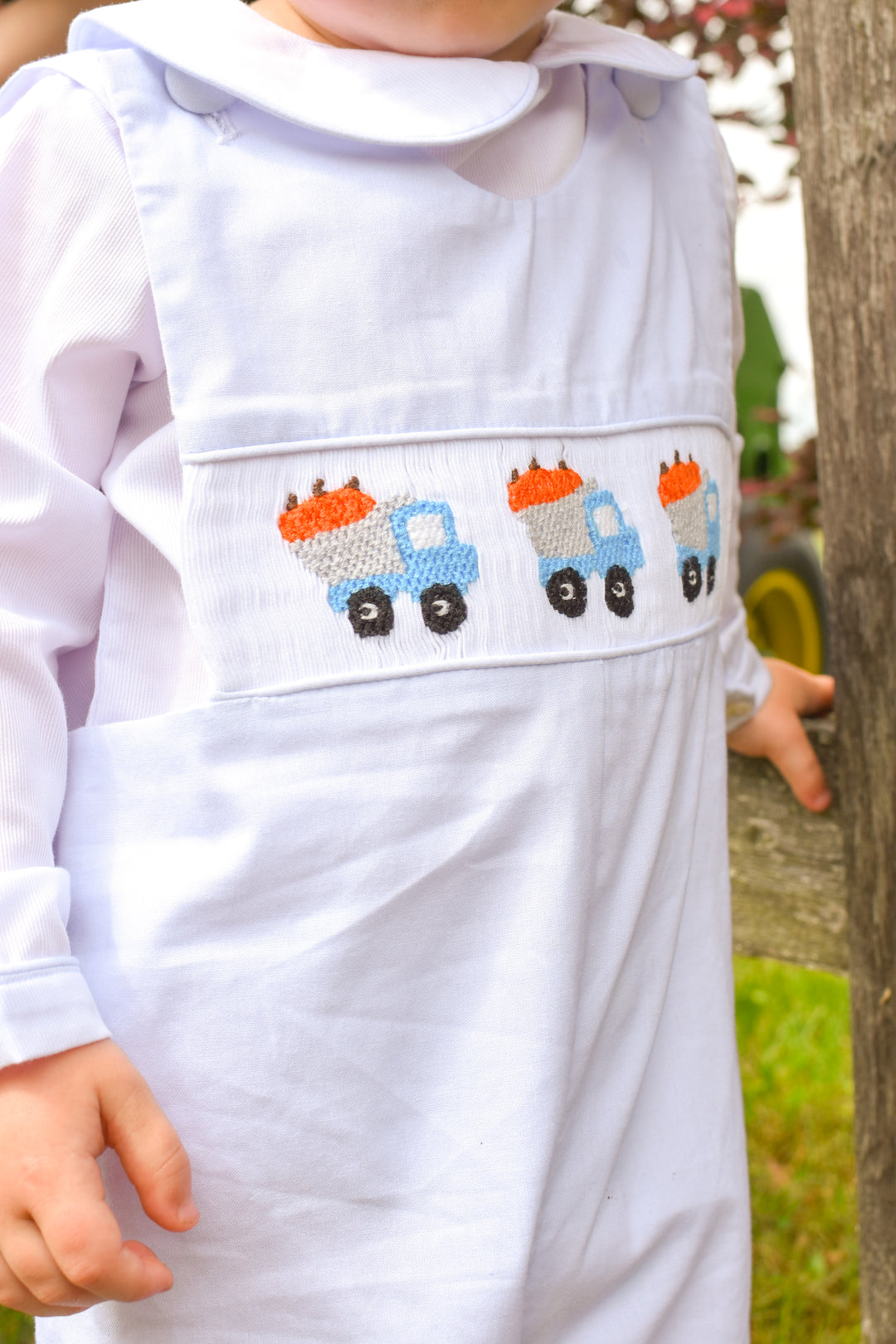 PRE-ORDER Boys Pumpkin Truck Smocked Shortall Set