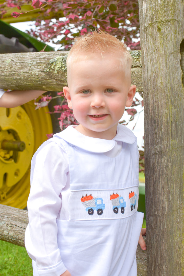PRE-ORDER Boys Pumpkin Truck Smocked Shortall Set