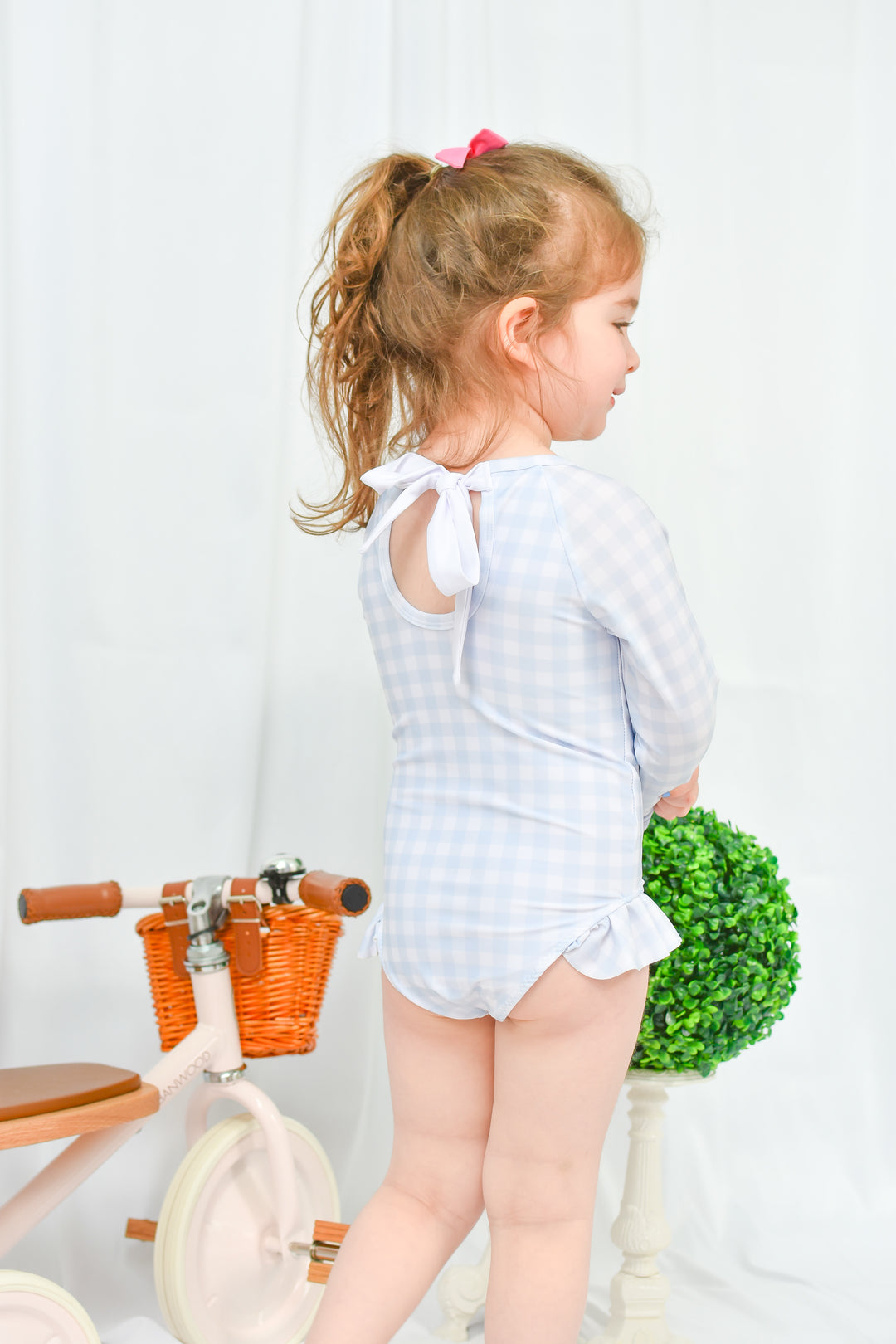 Girls Blue Gingham Long Sleeve Swimsuit
