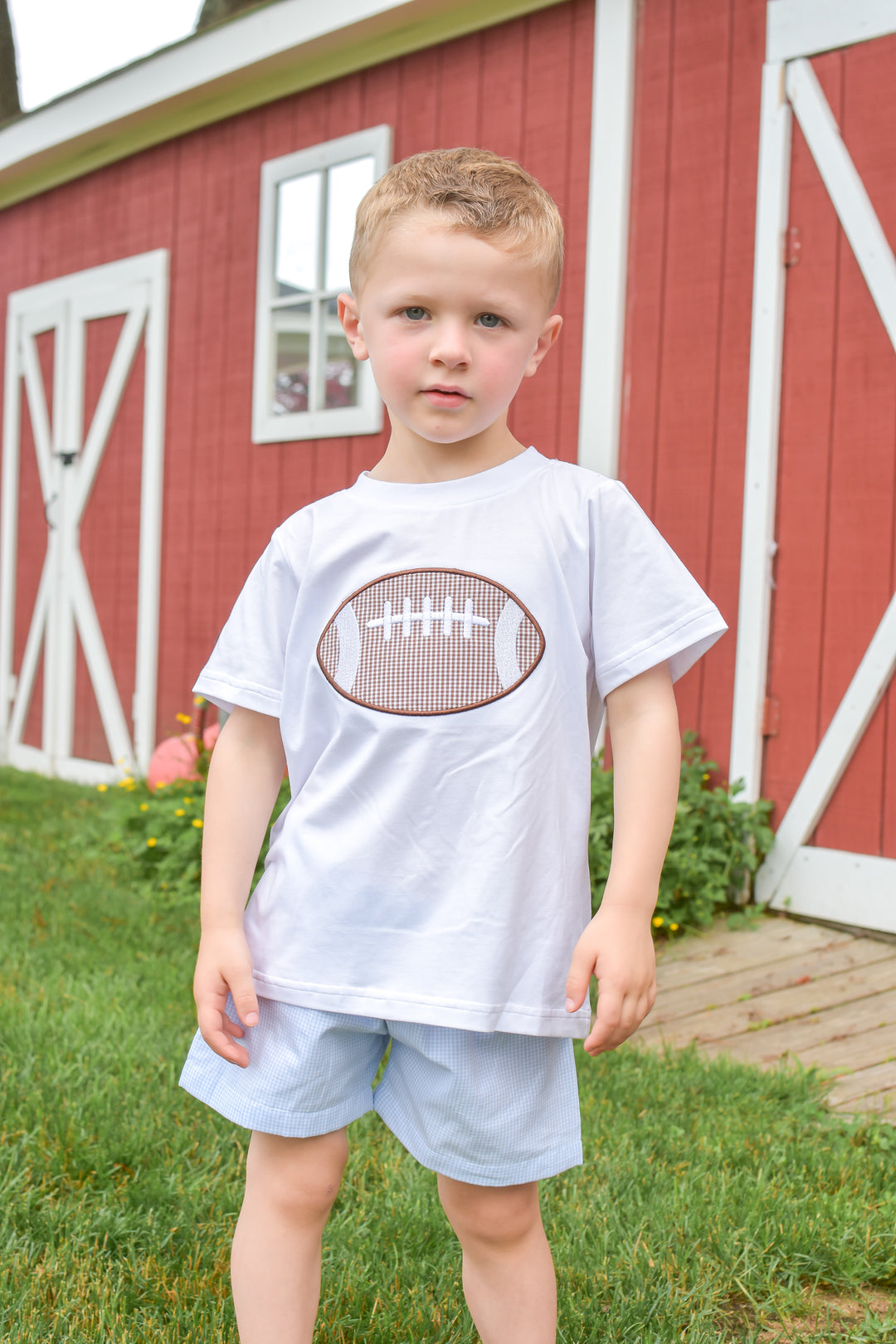 PRE-ORDER Boys Football Appliqué Blue Gingham Short Set