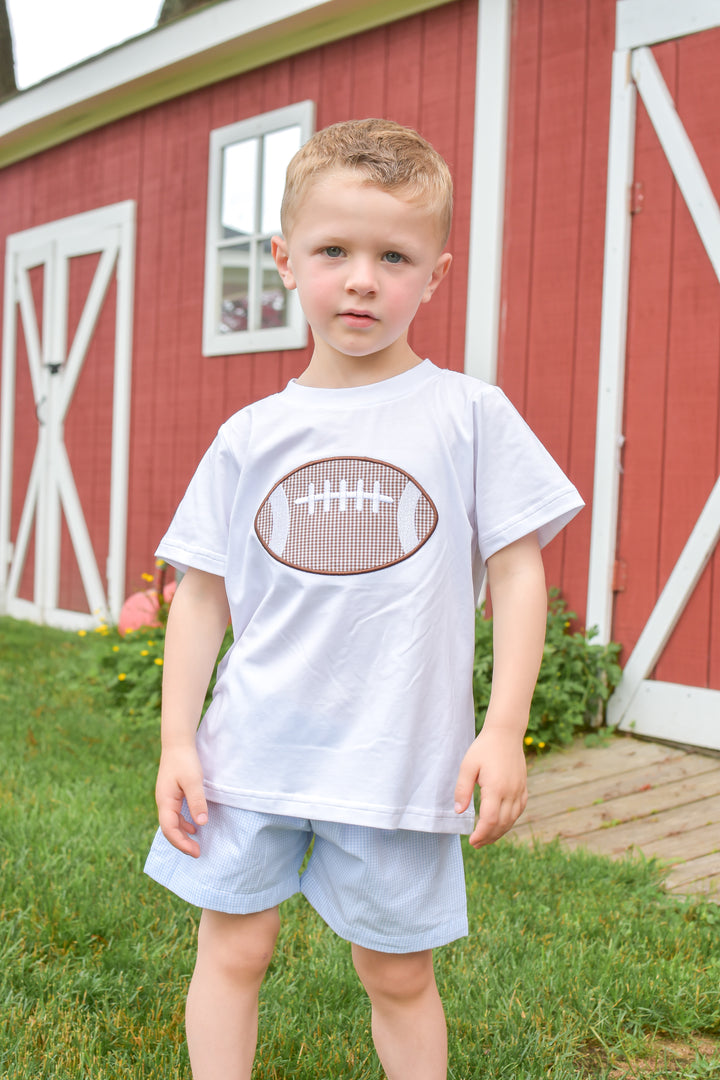 PRE-ORDER Boys Football Appliqué Blue Gingham Short Set