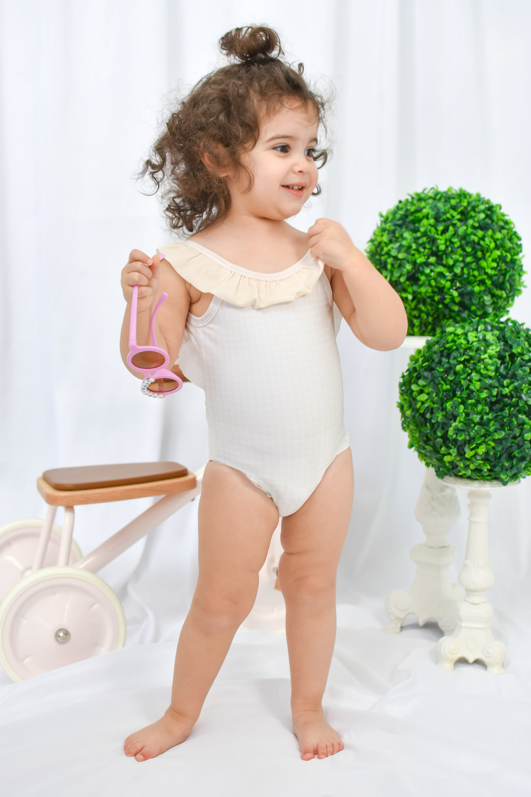 Girls Yellow Gingham Ruffle Swimsuit with Back Bow