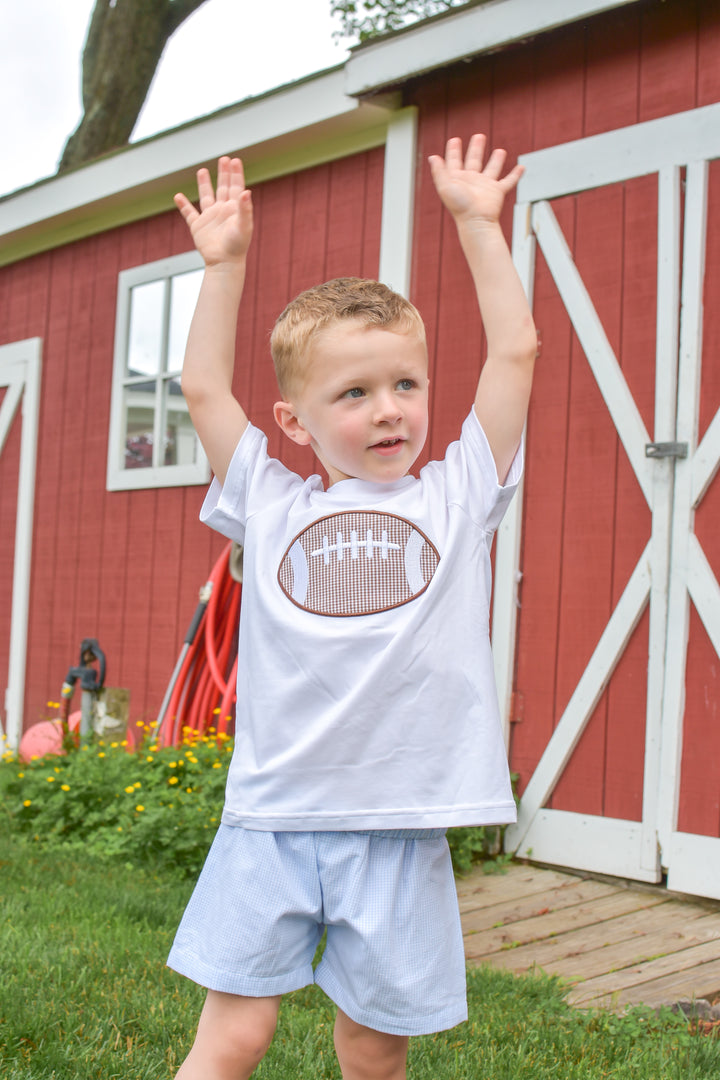 PRE-ORDER Boys Football Appliqué Blue Gingham Short Set