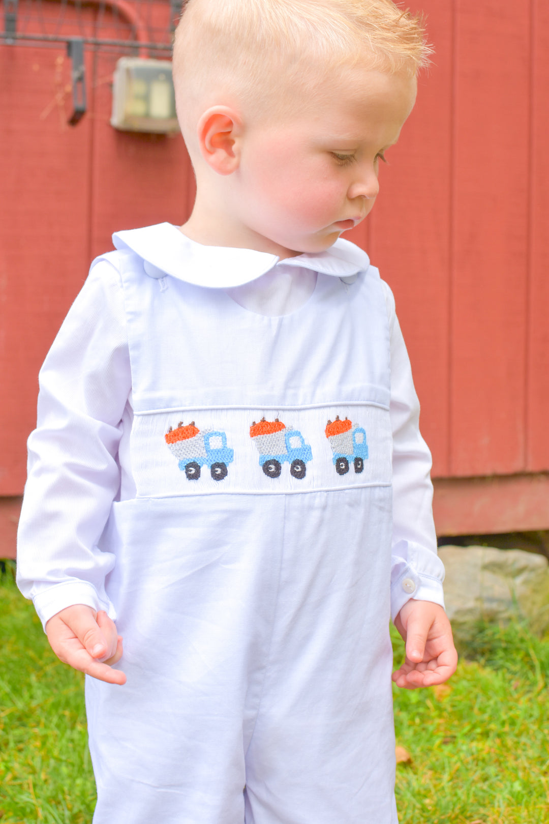 PRE-ORDER Boys Pumpkin Truck Smocked Shortall Set