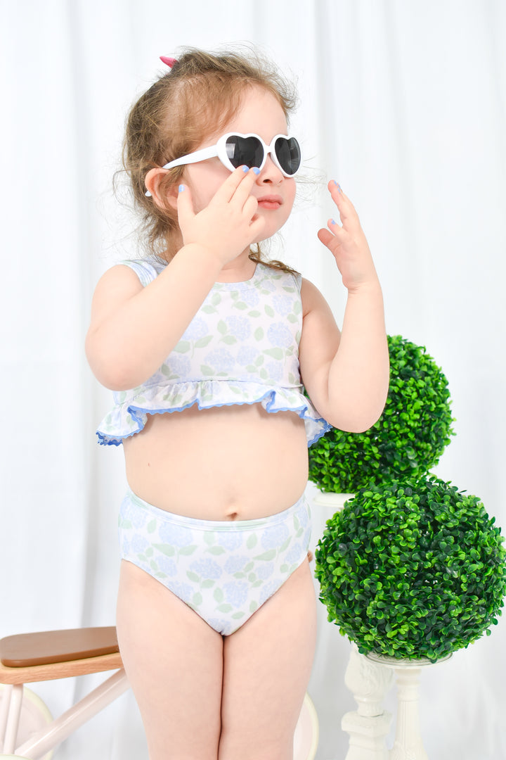 Girls Blue Hydrangea Two Piece Ruffle Swimsuit