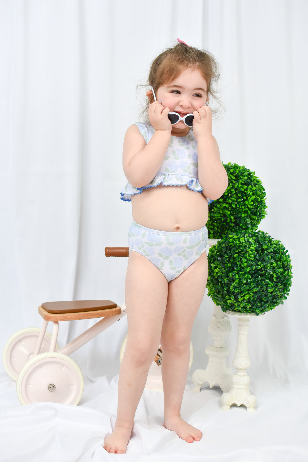 Girls Blue Hydrangea Two Piece Ruffle Swimsuit
