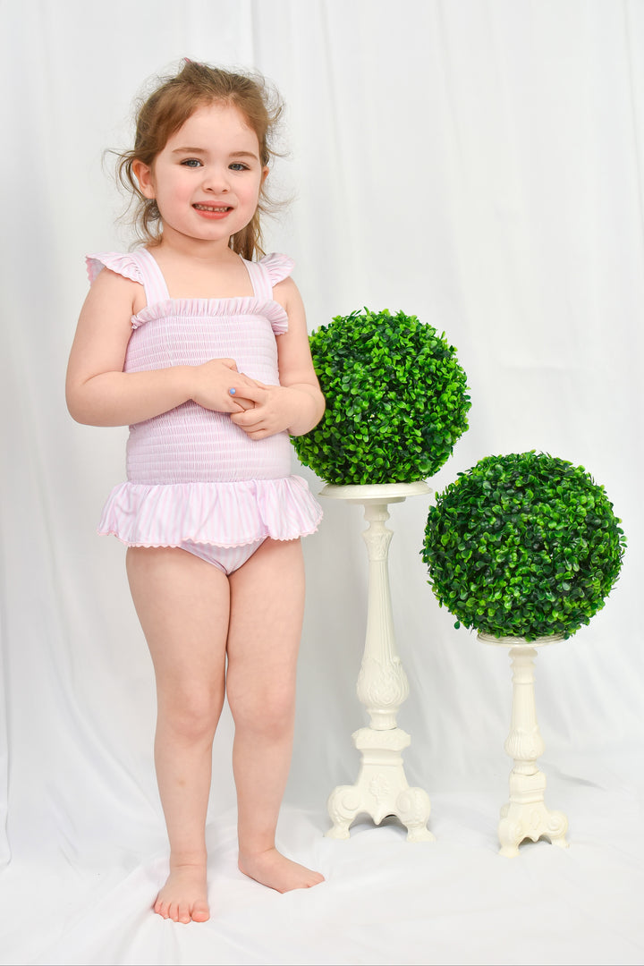 Pink Seersucker Ruffle One-Piece Swimsuit for Girls
