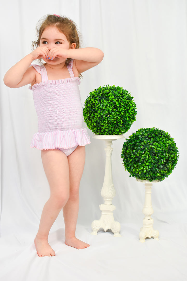 Pink Seersucker Ruffle One-Piece Swimsuit for Girls
