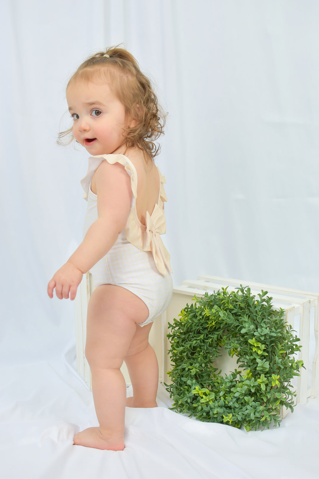 Girls Yellow Gingham Ruffle Swimsuit with Back Bow