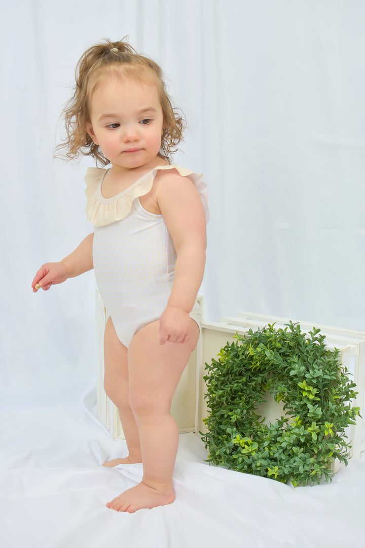Girls Yellow Gingham Ruffle Swimsuit with Back Bow