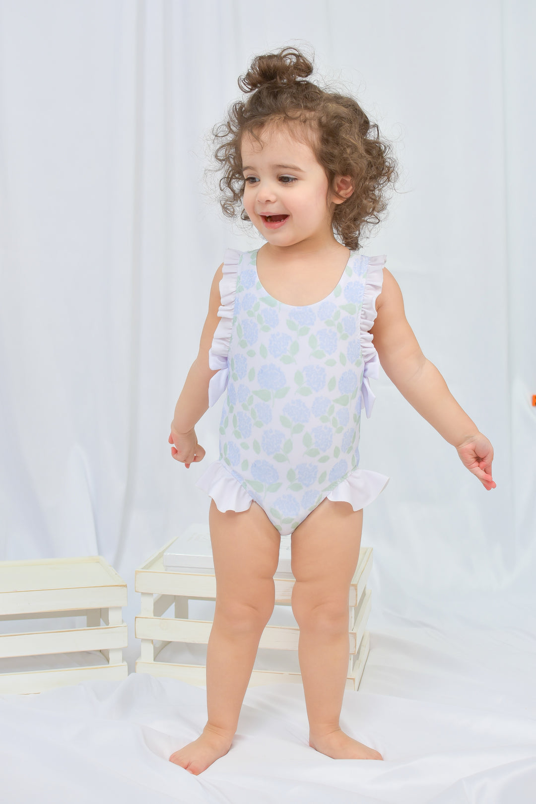 Girls Blue Hydrangea One Piece Ruffle Swimsuit