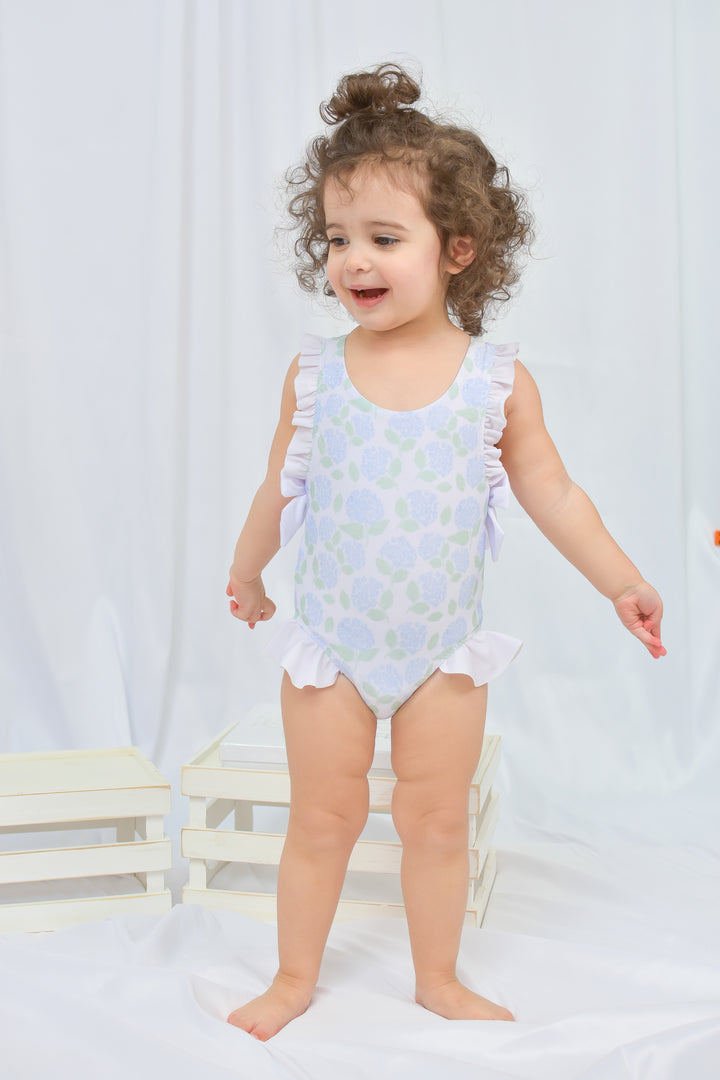 Girls Blue Hydrangea One Piece Ruffle Swimsuit