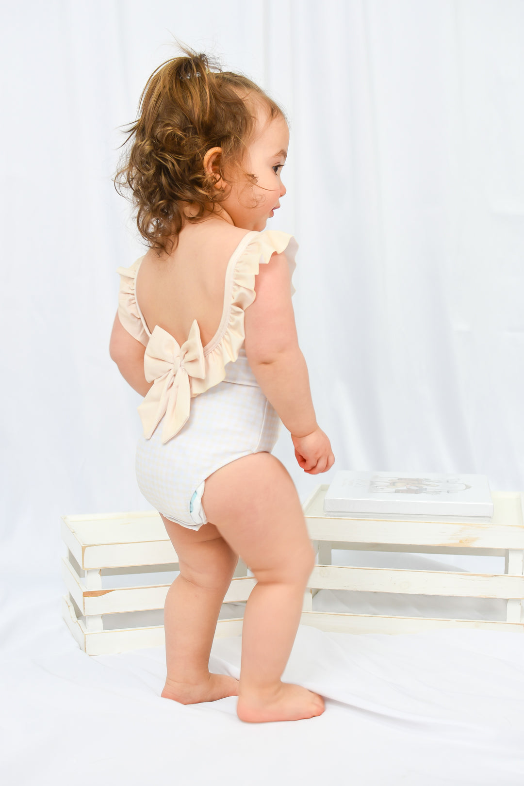 Girls Yellow Gingham Ruffle Swimsuit with Back Bow
