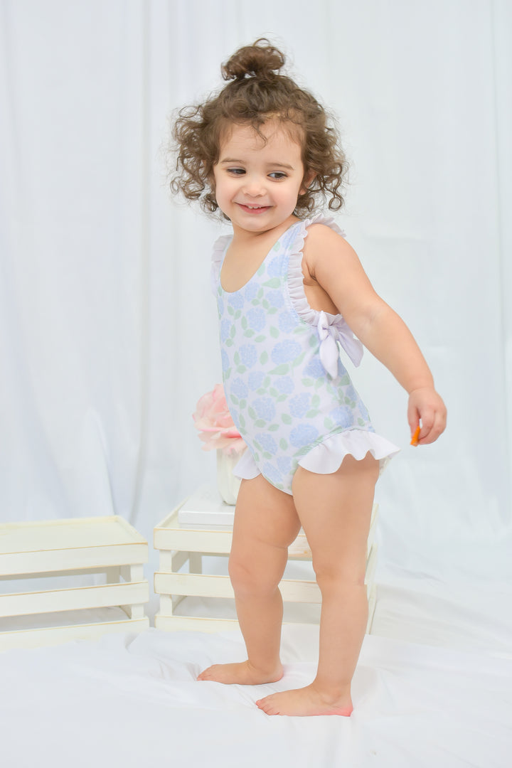 Girls Blue Hydrangea One Piece Ruffle Swimsuit