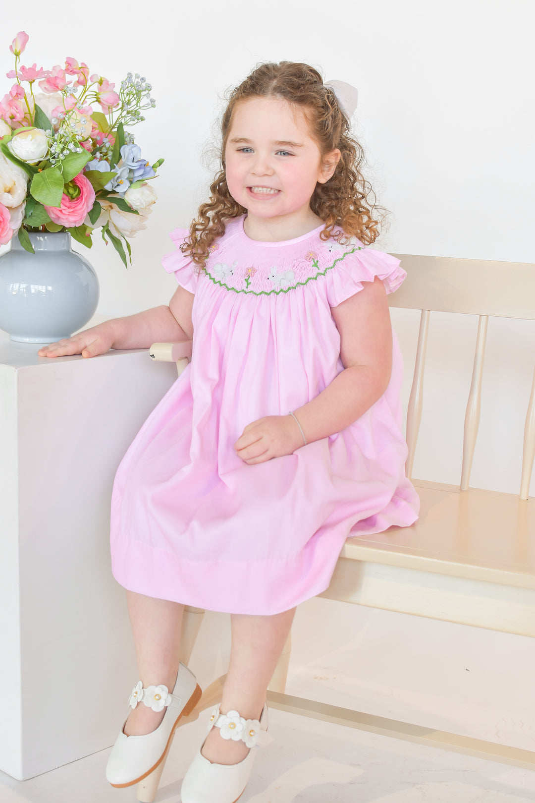 White Bunny Smocked Dress