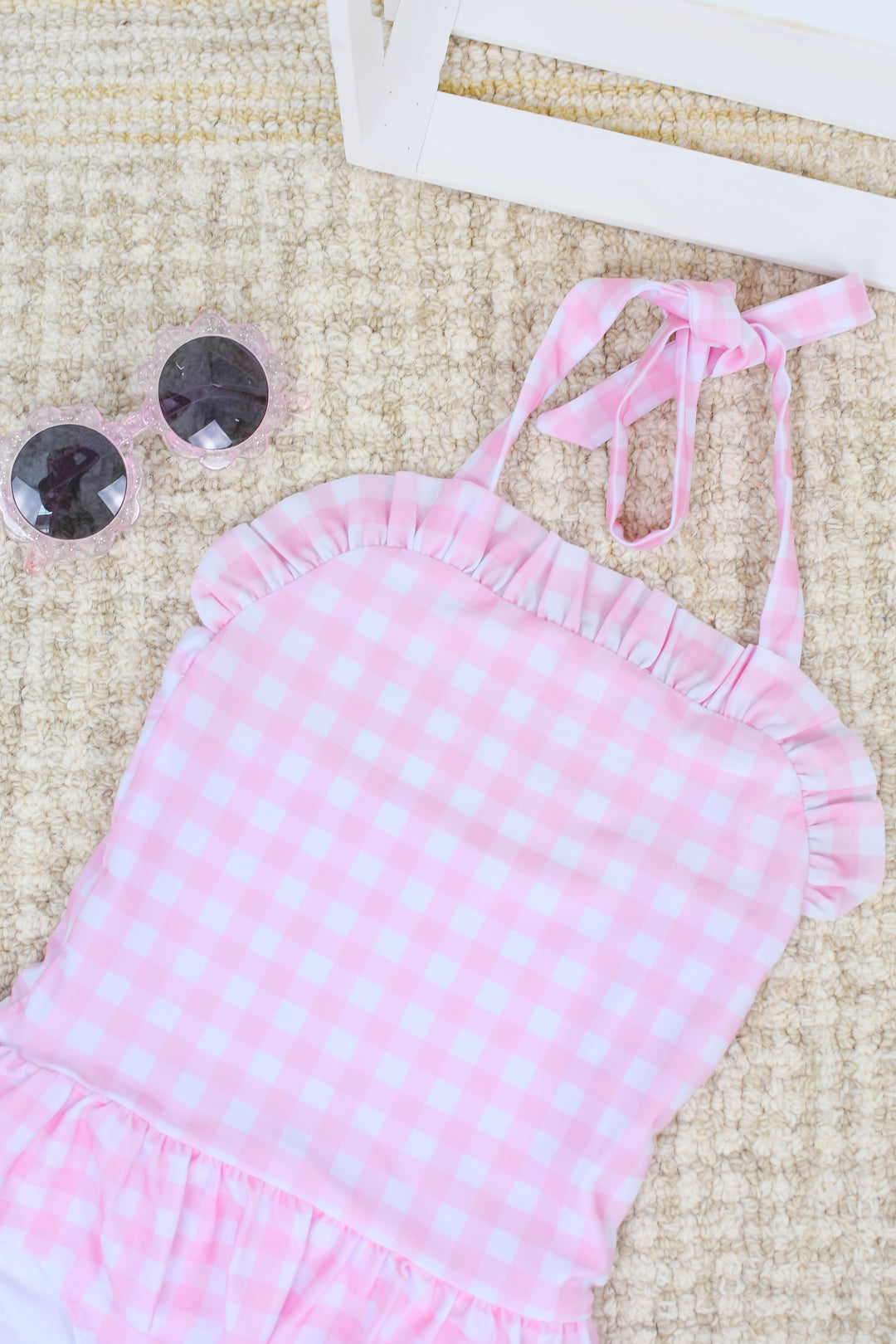 Girls Pink Gingham One Piece Swimsuit with Ruffles