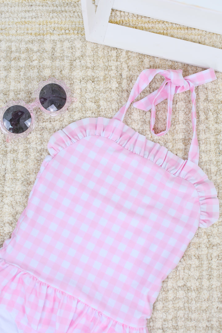 Girls Pink Gingham One Piece Swimsuit with Ruffles