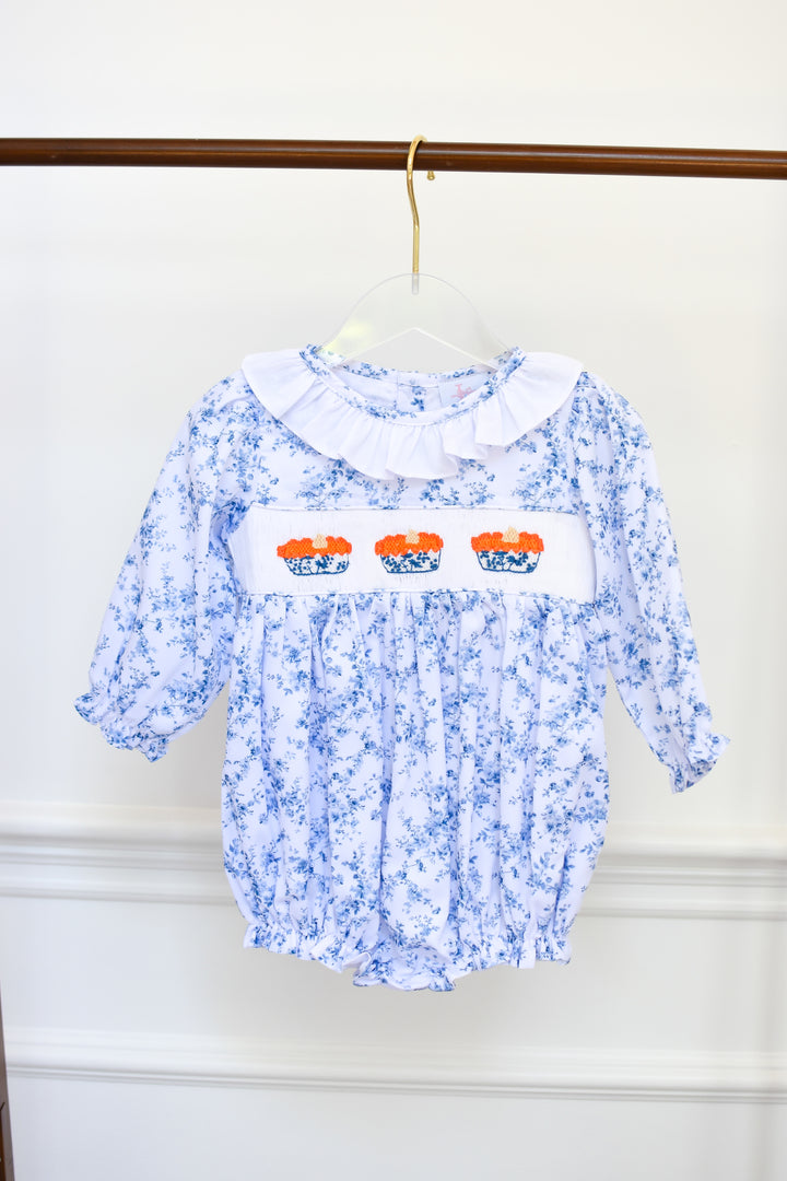 PRE-ORDER Girls Blue Toile Smocked Pumpkin Pie Bubble