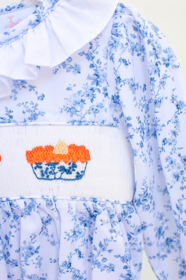 PRE-ORDER Girls Blue Toile Smocked Pumpkin Pie Dress