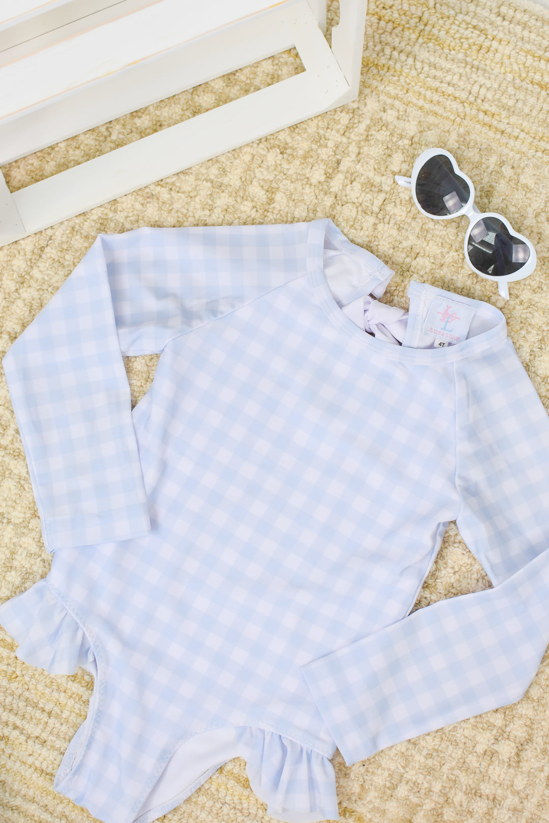 Girls Blue Gingham Long Sleeve Swimsuit
