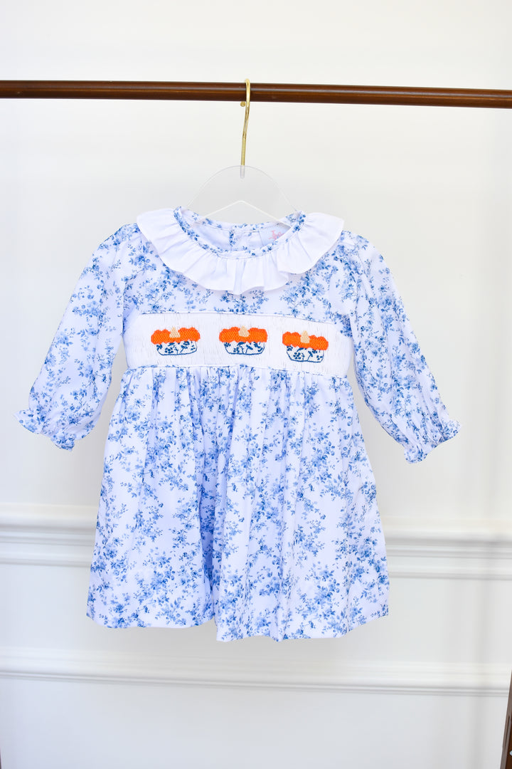 PRE-ORDER Girls Blue Toile Smocked Pumpkin Pie Dress