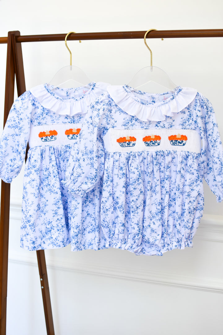 PRE-ORDER Girls Blue Toile Smocked Pumpkin Pie Bubble