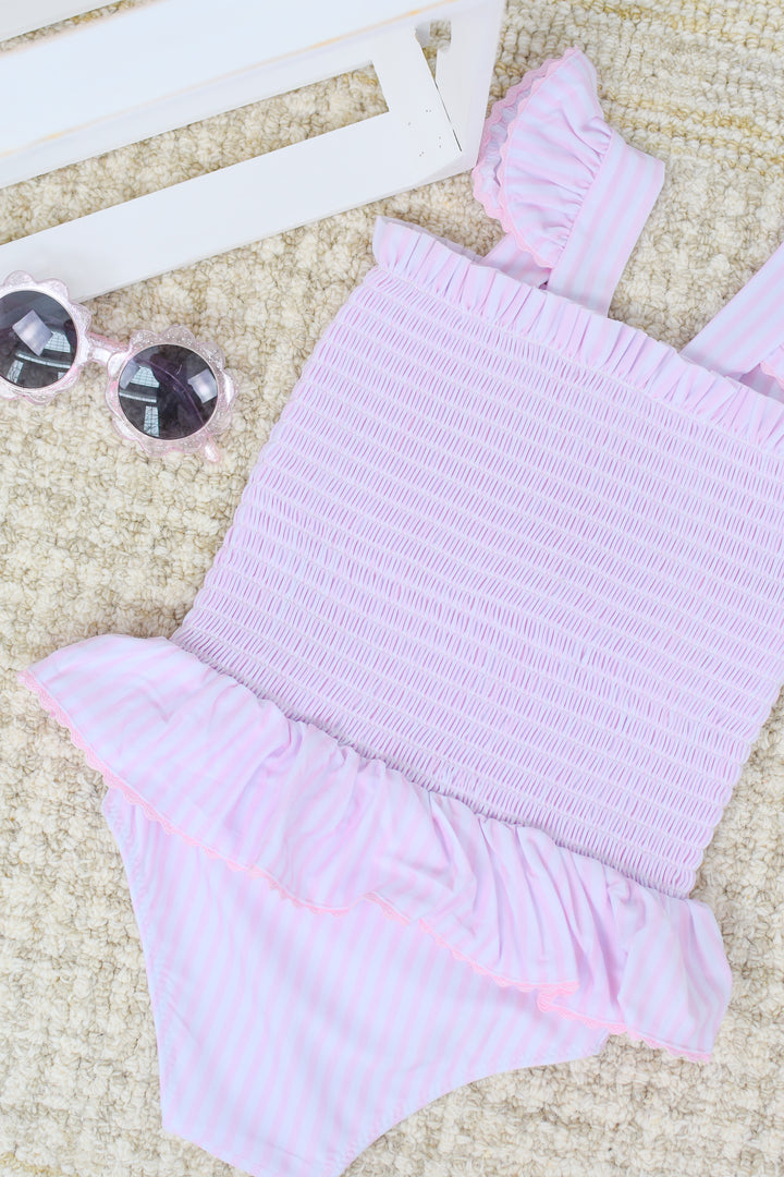 Pink Seersucker Ruffle One-Piece Swimsuit for Girls