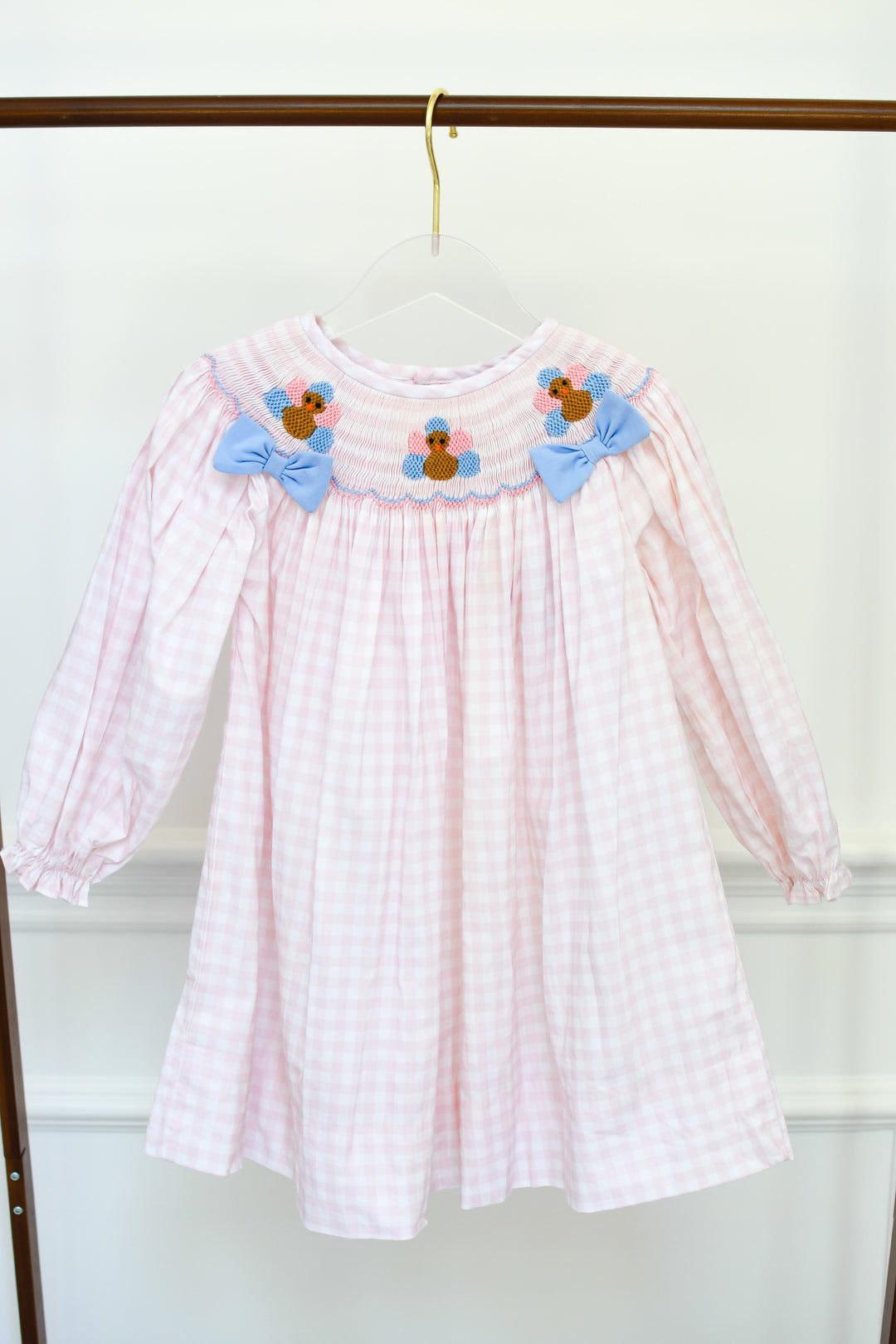 Girls Light Pink Gingham Turkey Smocked Dress