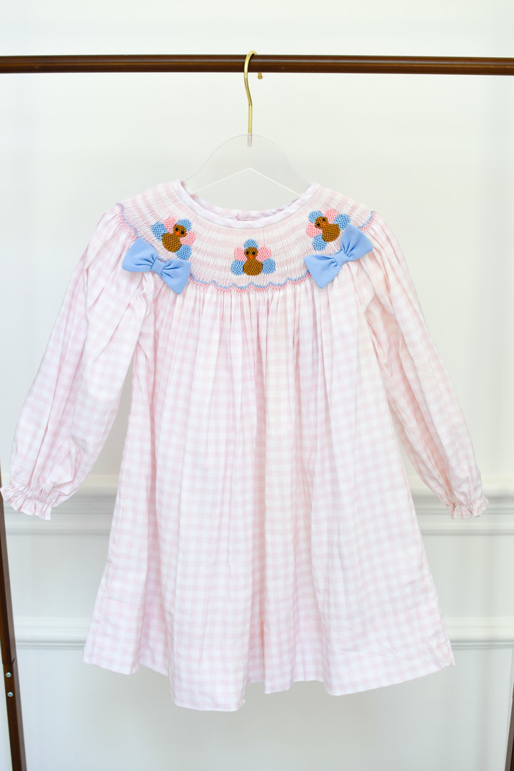 Girls Light Pink Gingham Turkey Smocked Dress