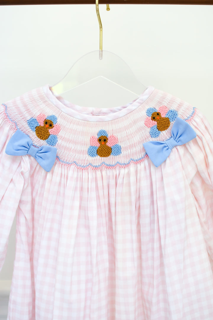 Girls Light Pink Gingham Turkey Smocked Dress