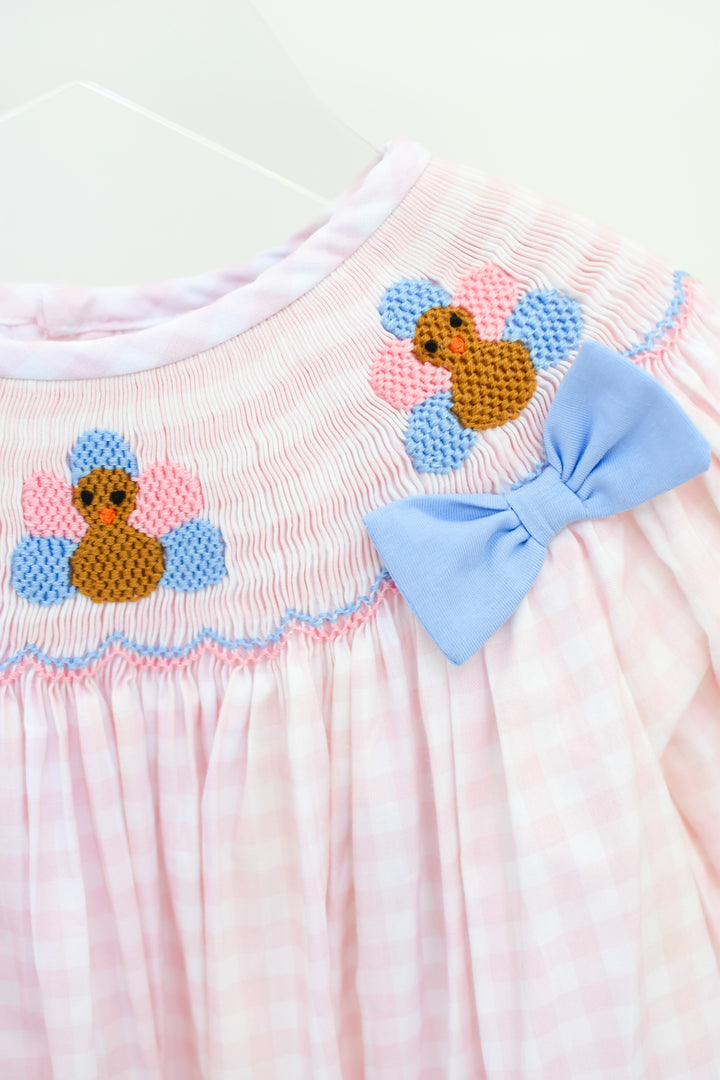 Girls Light Pink Gingham Turkey Smocked Dress