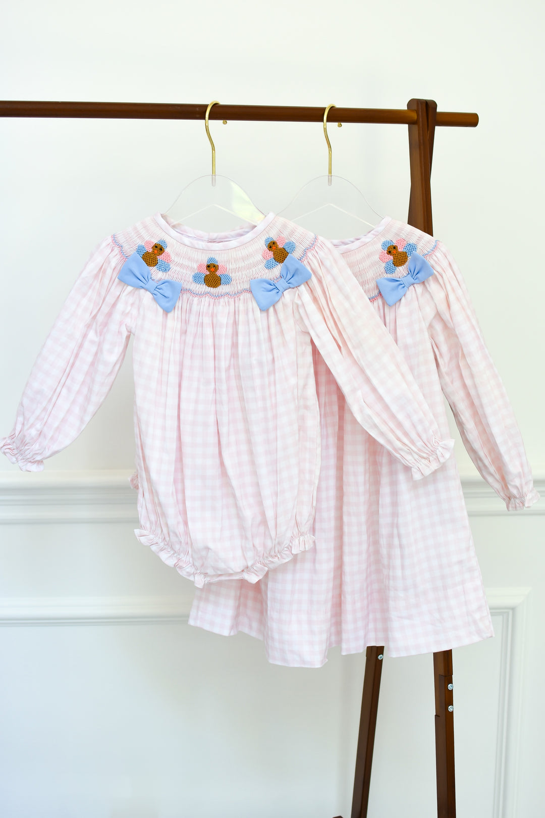 Girls Light Pink Gingham Turkey Smocked Dress