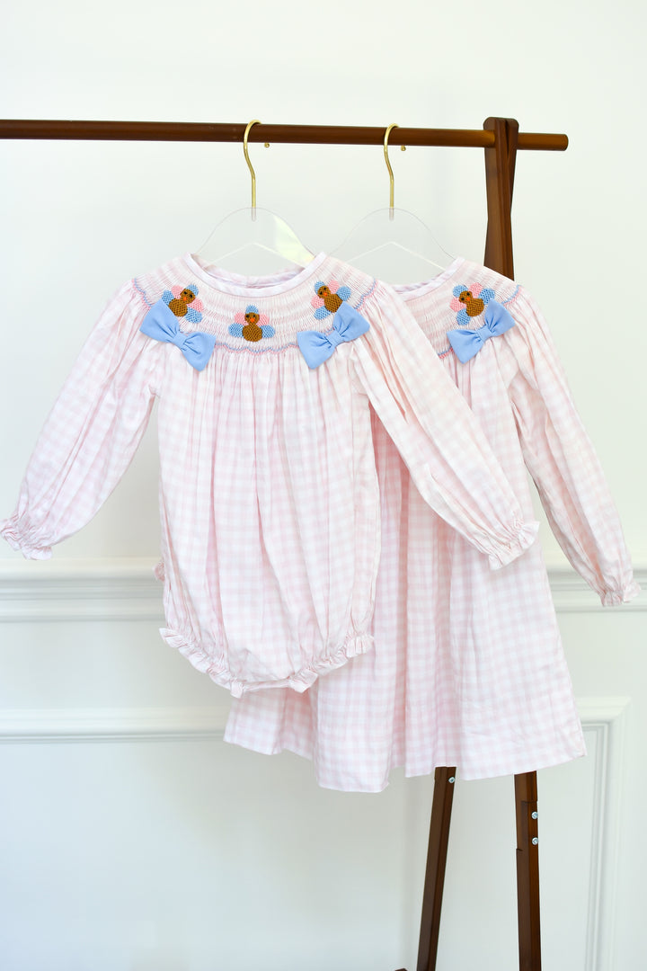 Girls Light Pink Gingham Turkey Smocked Dress
