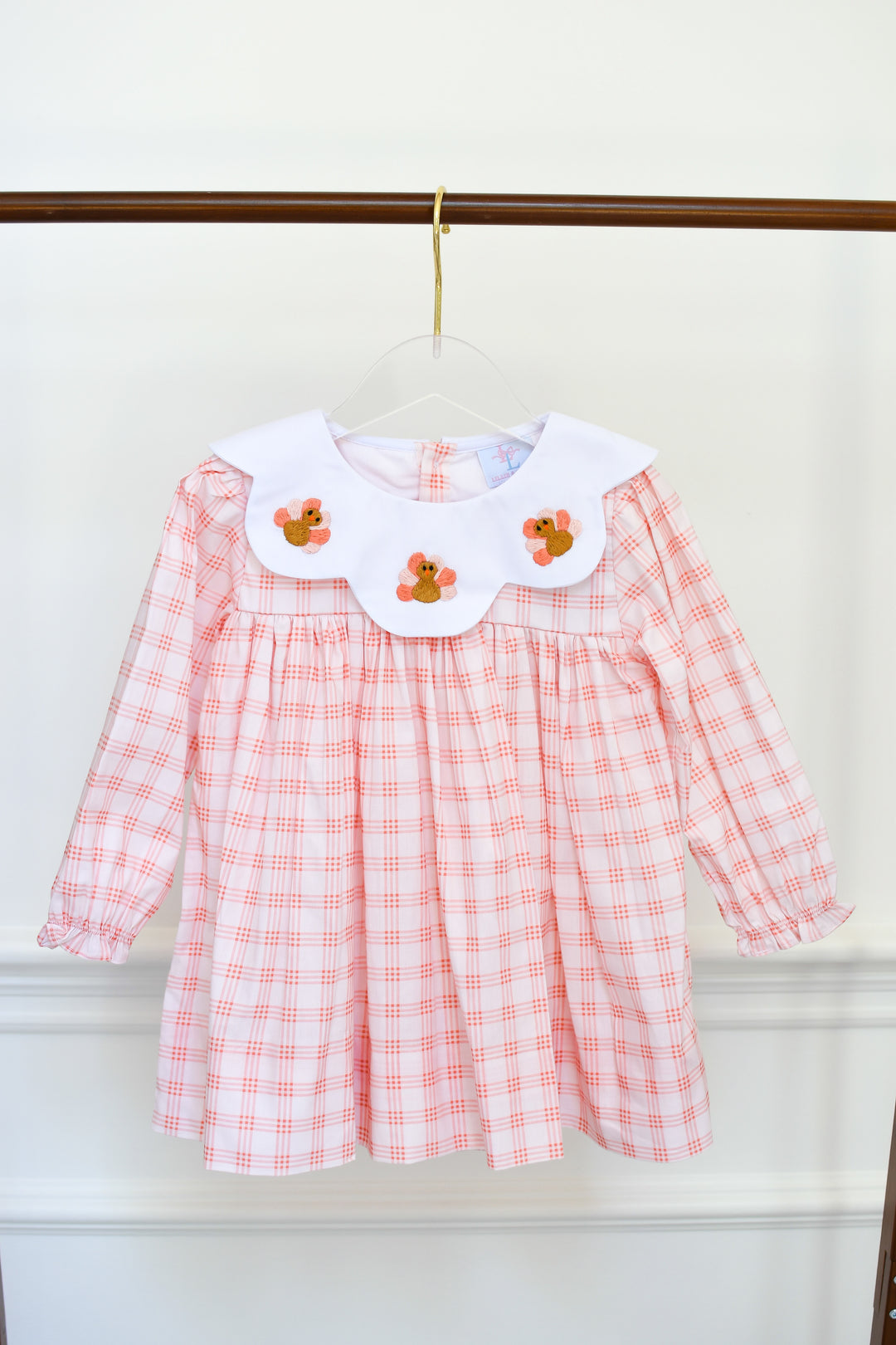 PRE-ORDER Girls Peach Gingham Turkey Collar Dress