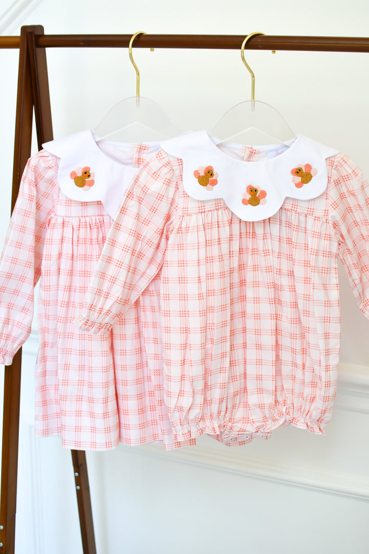 PRE-ORDER Girls Peach Gingham Turkey Collar Bubble
