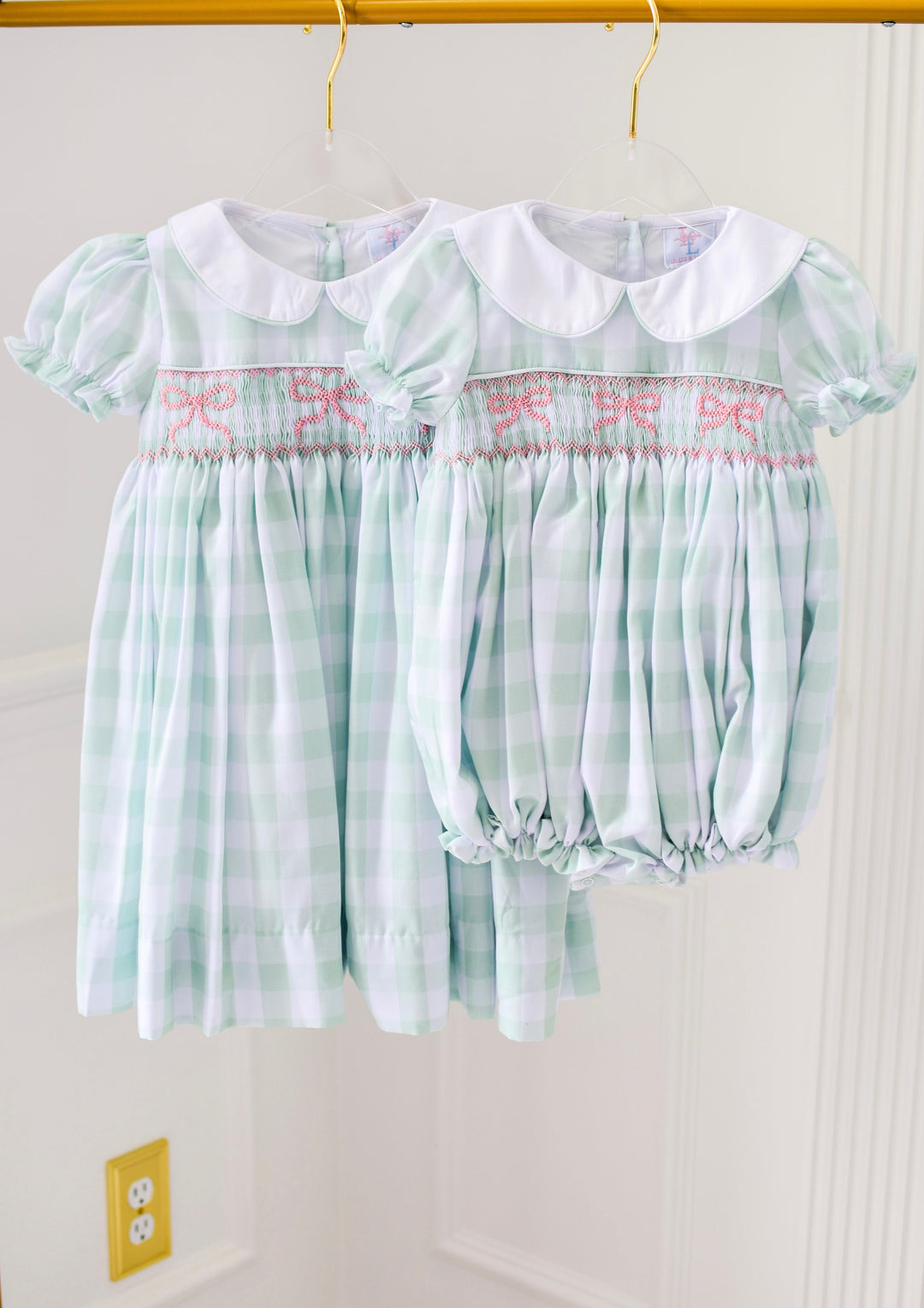 Green Gingham & Pink Bow Smocked Dress