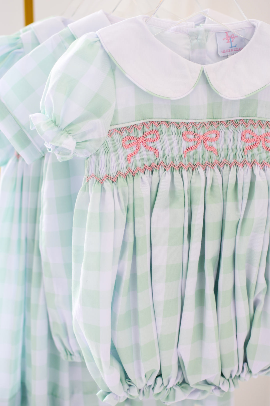 Green Gingham & Pink Bow Smocked Bubble