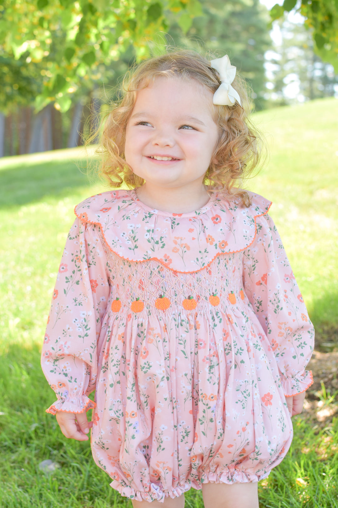 PRE-ORDER Peach Floral Pumpkin Smocked Bubble