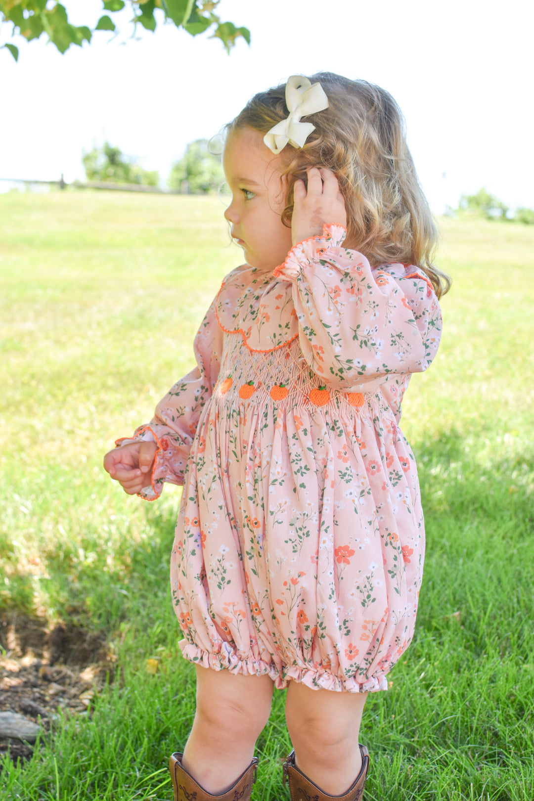 PRE-ORDER Peach Floral Pumpkin Smocked Bubble