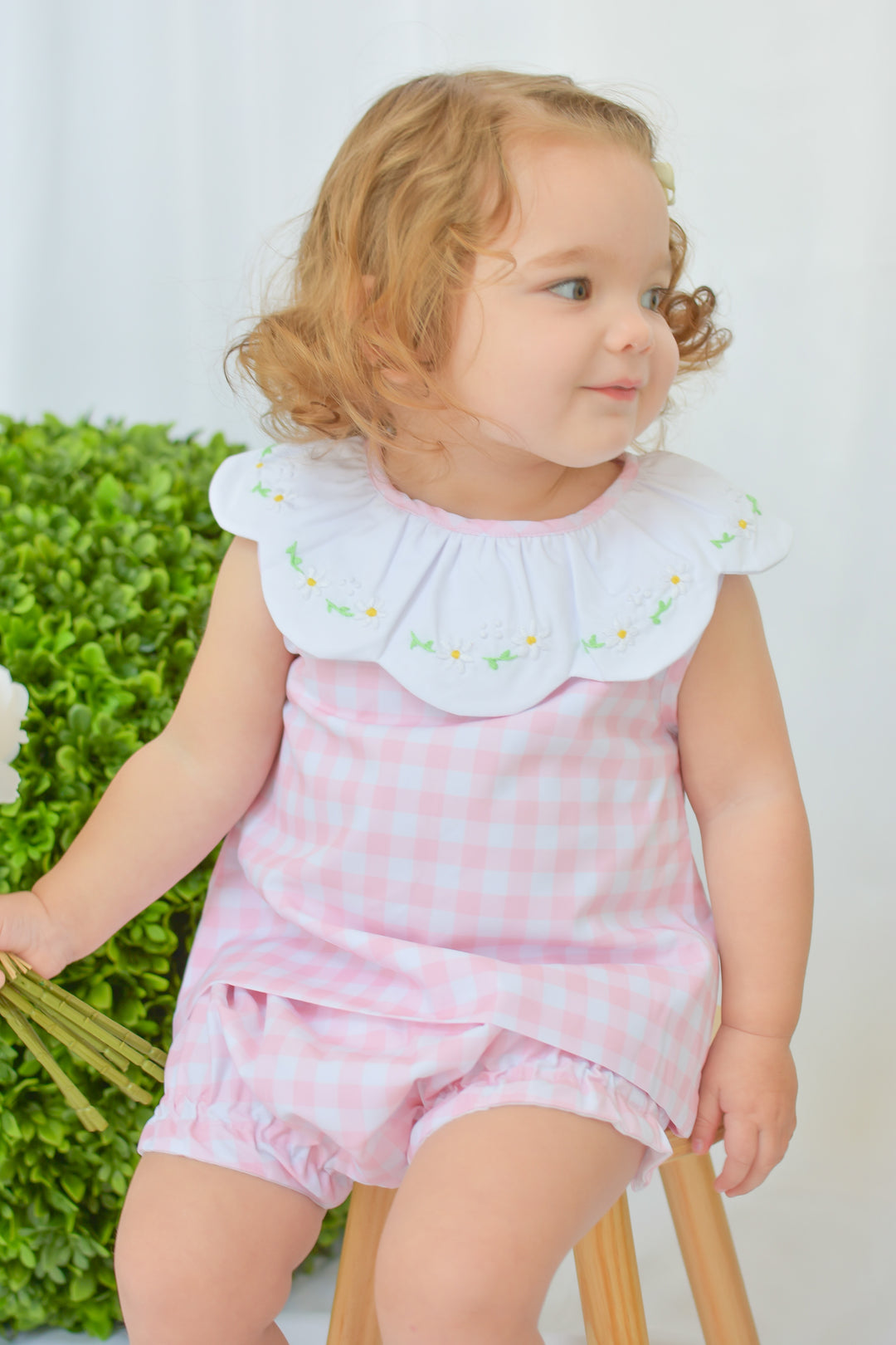 Darla Daisy Pink Gingham Smocked Diaper Set