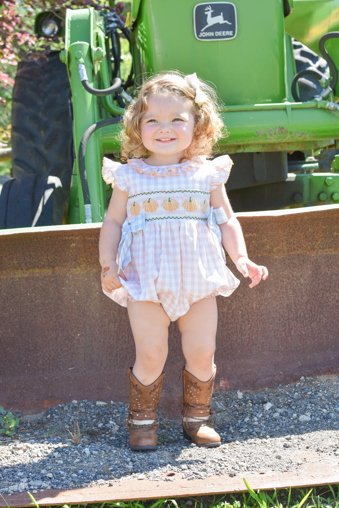 PRE-ORDER Girls Harvest Gingham Pumpkin Bow Bubble