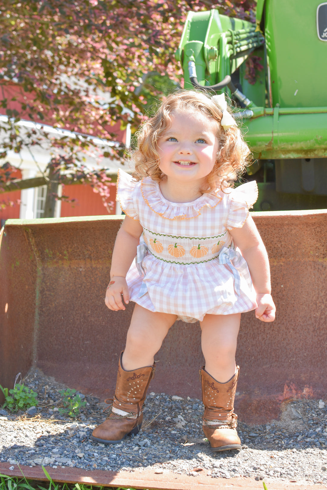 PRE-ORDER Girls Harvest Gingham Pumpkin Bow Bubble