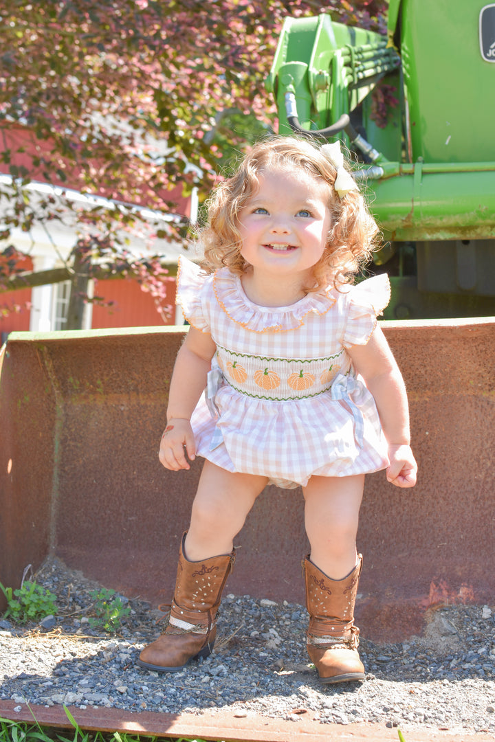 PRE-ORDER Girls Harvest Gingham Pumpkin Bow Bubble