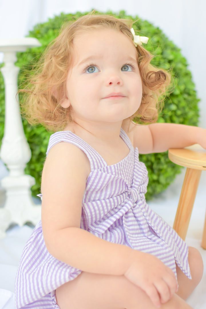 Purple Seersucker Girl Bubble with Bow