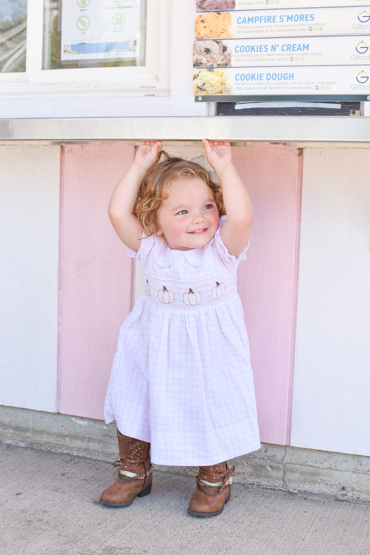 PRE-ORDER Pink Gingham Pumpkin Smocked Dress
