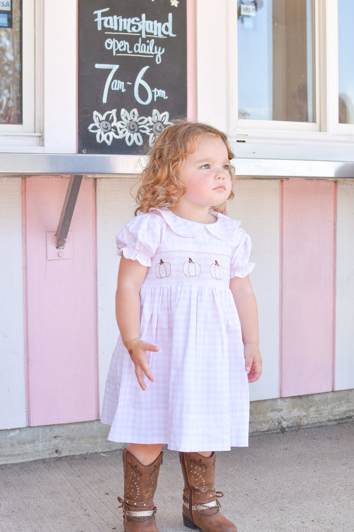 PRE-ORDER Pink Gingham Pumpkin Smocked Dress