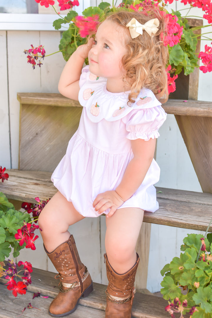 PRE-ORDER Pink Pumpkin Smocked Bubble with Scalloped Collar