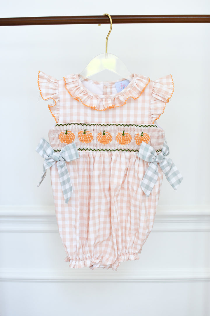 PRE-ORDER Girls Harvest Gingham Pumpkin Bow Bubble