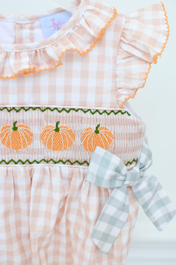 PRE-ORDER Girls Harvest Gingham Pumpkin Bow Bubble